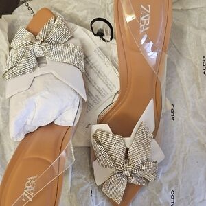 ZARA White & Clear Bow-Embellished Slide Mules